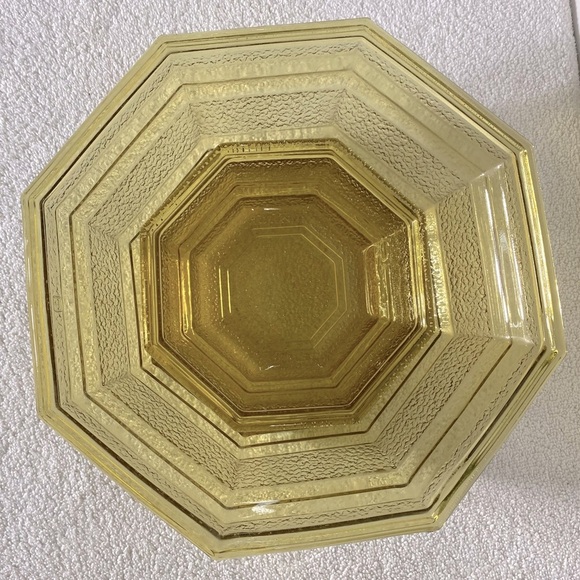 Vintage Anchor Hocking Textured Amber Glass Octagonal Chip & Dip Bowl Set - Picture 3 of 14